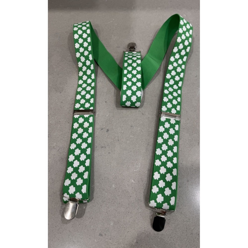 St. Patrick's Day Men's Green Suspenders w/White Shamrocks Clover-